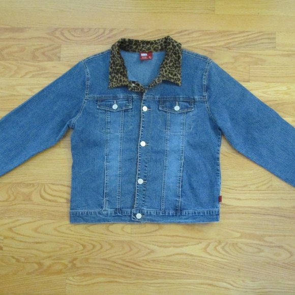 BONGO GIRL'S SIZE 18  1/2 PLUS JEAN JACKET MED BLUE SLUB STRETCH DENIM LEOPARD - Picture 1 of 11
